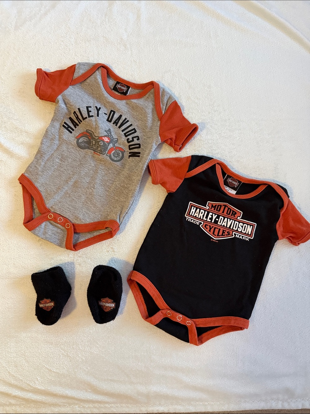 Harley-Davidson Black/Orange Baby & Gray and Orange Baby One-Piece, Booties